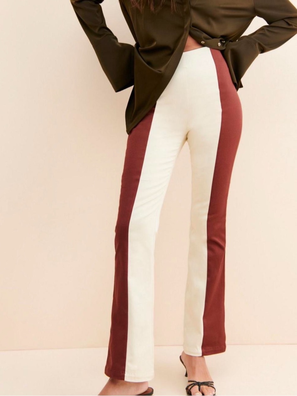 Two-Tone High-Waist Flare Pants in White & Burgundy